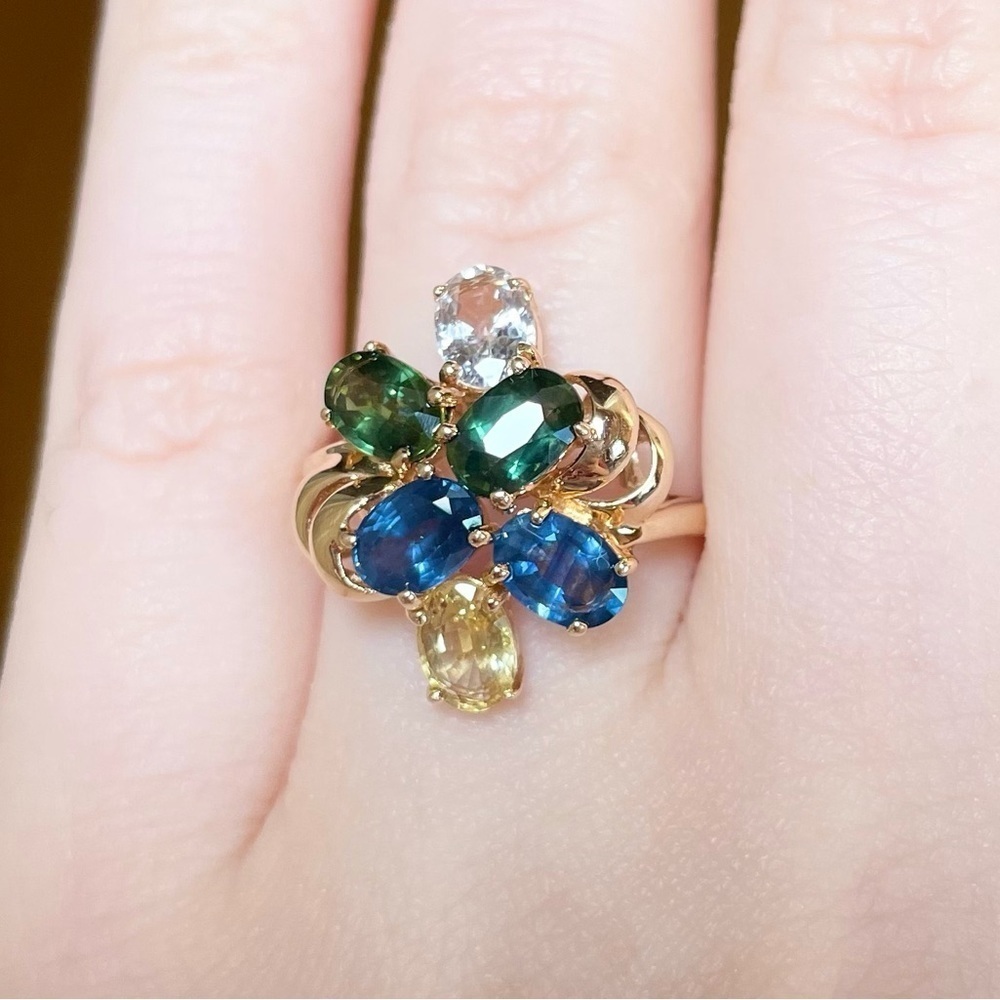14K multicolor rainbow Genuine Sapphire oval cut cluster gold ring . - Picture 3 of 10